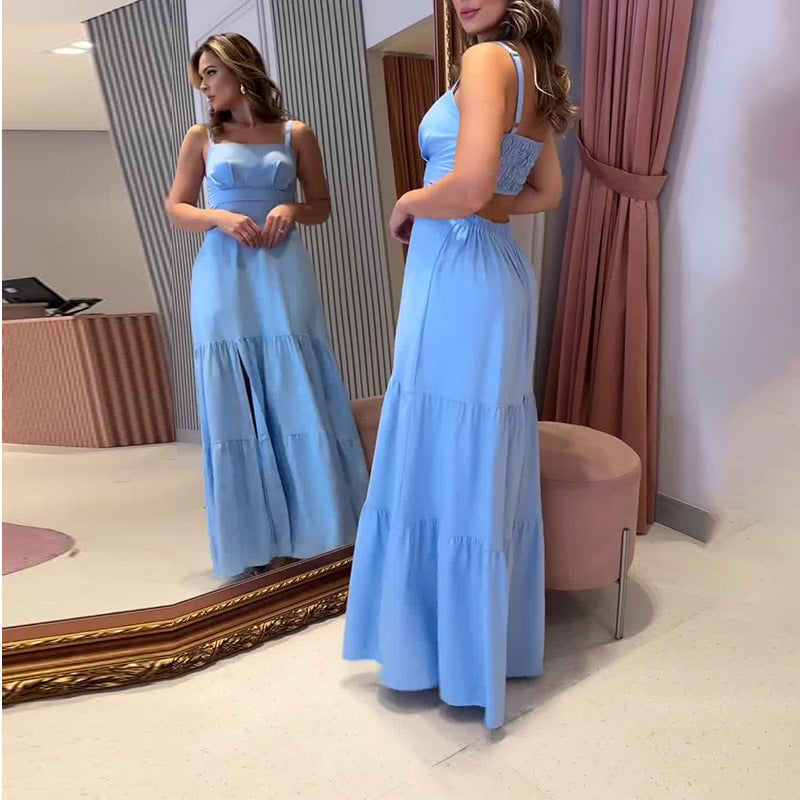 Summer New Women's Back Hollow Solid Color Tie Dress