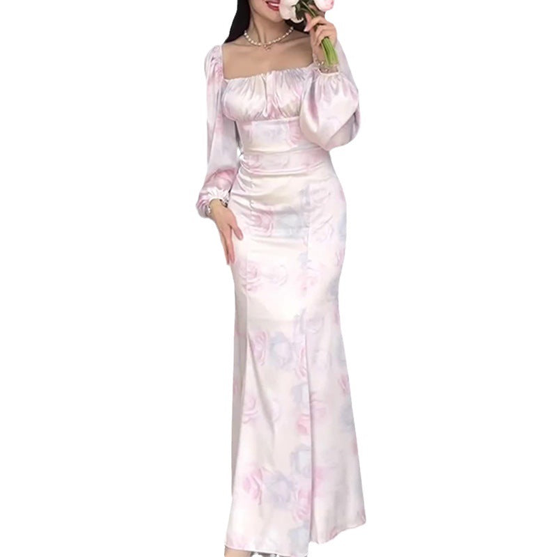 Women's Autumn French Style Collar Lantern Sleeve High-Waisted Body-Body-Cuffed Kite Skirt