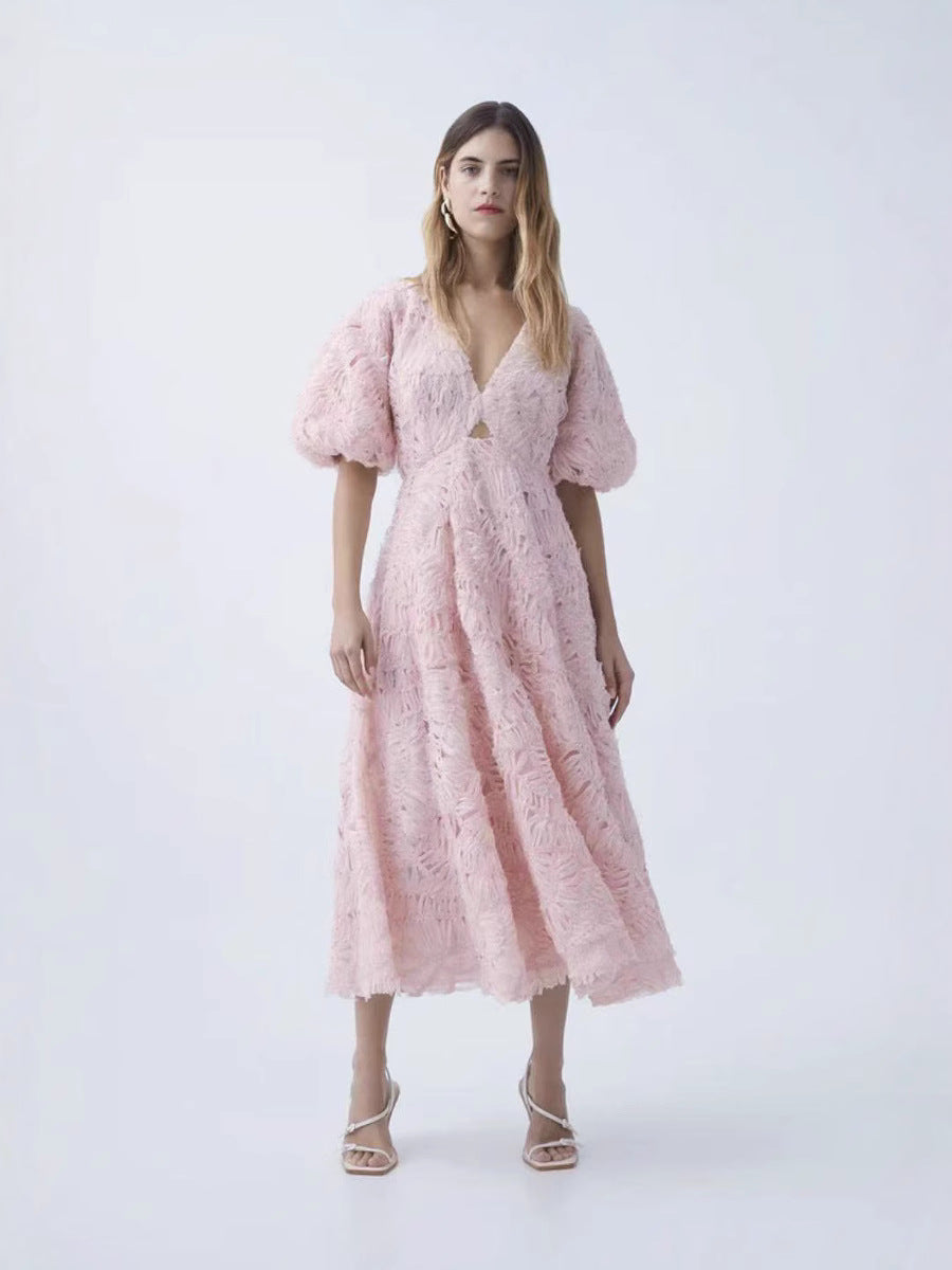2025 Spring New V-Neck Bubble Sleeve Hollow Solid Color Dress Dress Woman