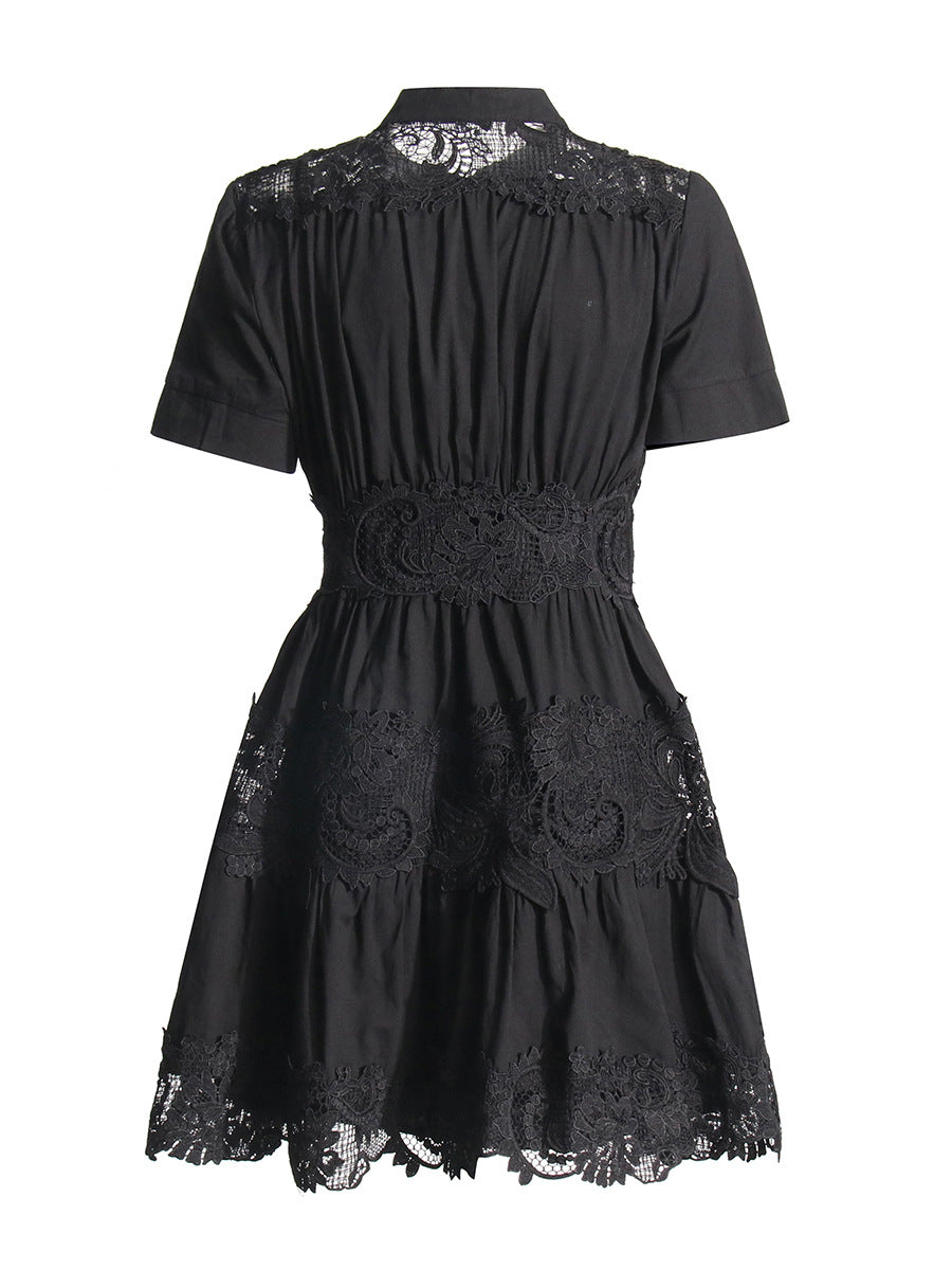 Retro Court Style Dress 2025 Spring New Heavy Industry Court Wind Hollow Waist Short Dress Woman