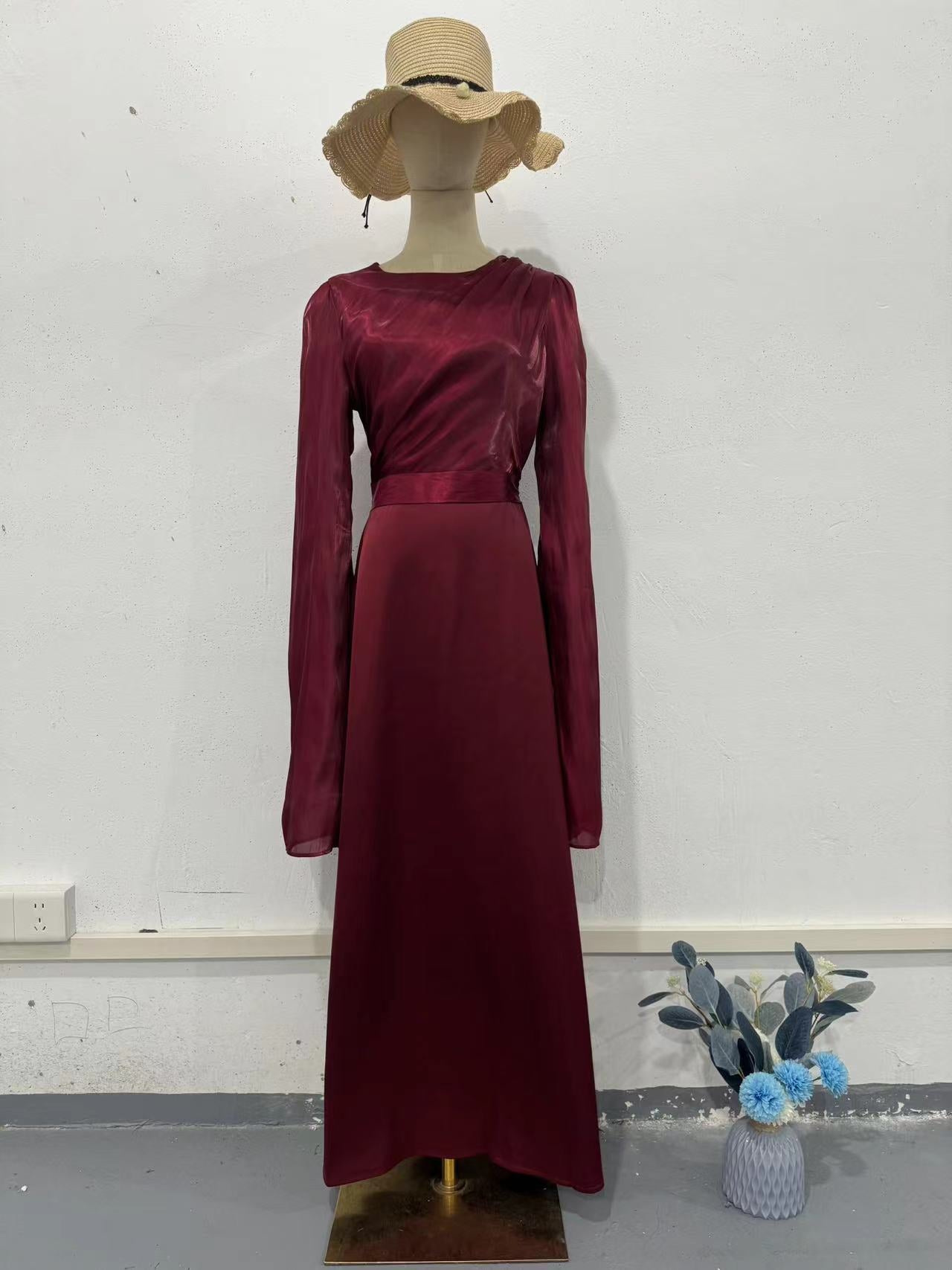 2024 Splicing Glass Yarn Sleeve Long Lint Repair Dress