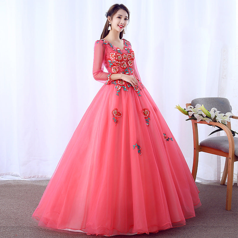 Yarn Performance Dress Women's Long-Sleeved Student Art College Evening Dress Vocal Fluffy Dress Thin Annual Meeting