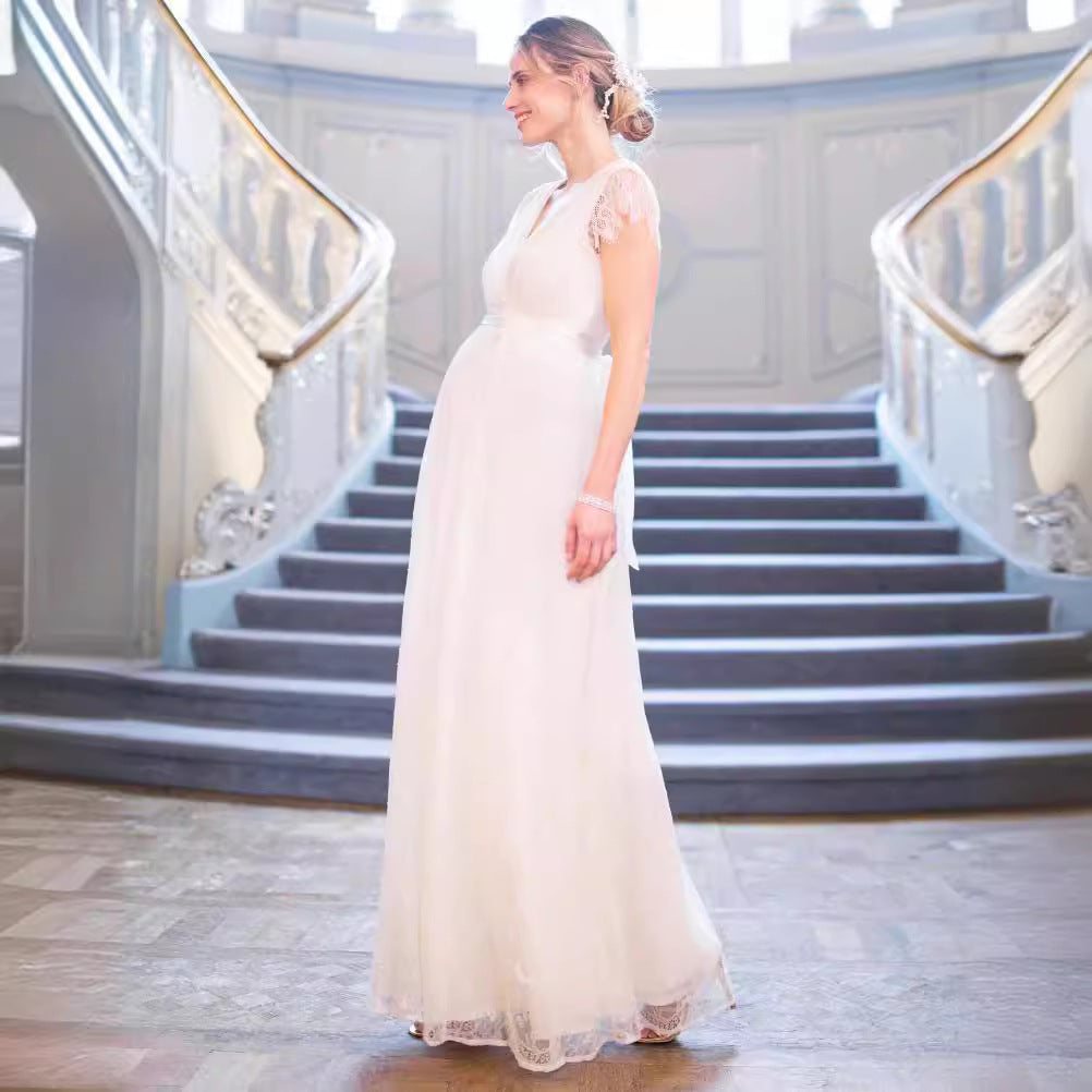 Women's Lace Pregnant Women's Lotus Leaf Side Short-Sleeved Dress Photography Flying Sleeve Dress 1108 Maternity