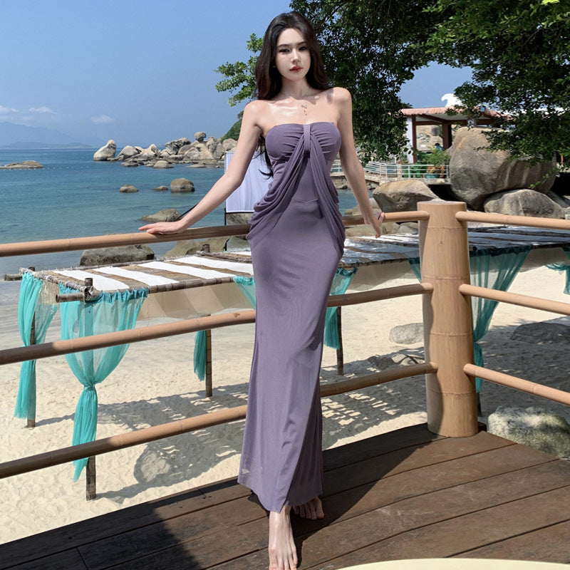 Design Pure Luster Brae-Shaped Shoulder Dress Studded Temperament Banquet Seaside Holiday Dress