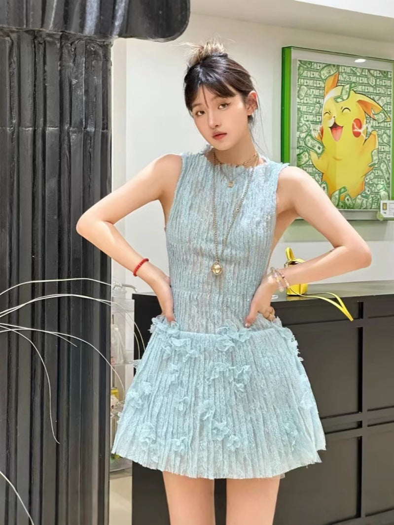 New Spring And Summer Vietnamese Small Sleeveless Waist Heavy Industry Famous Pressure Folding Short Dress