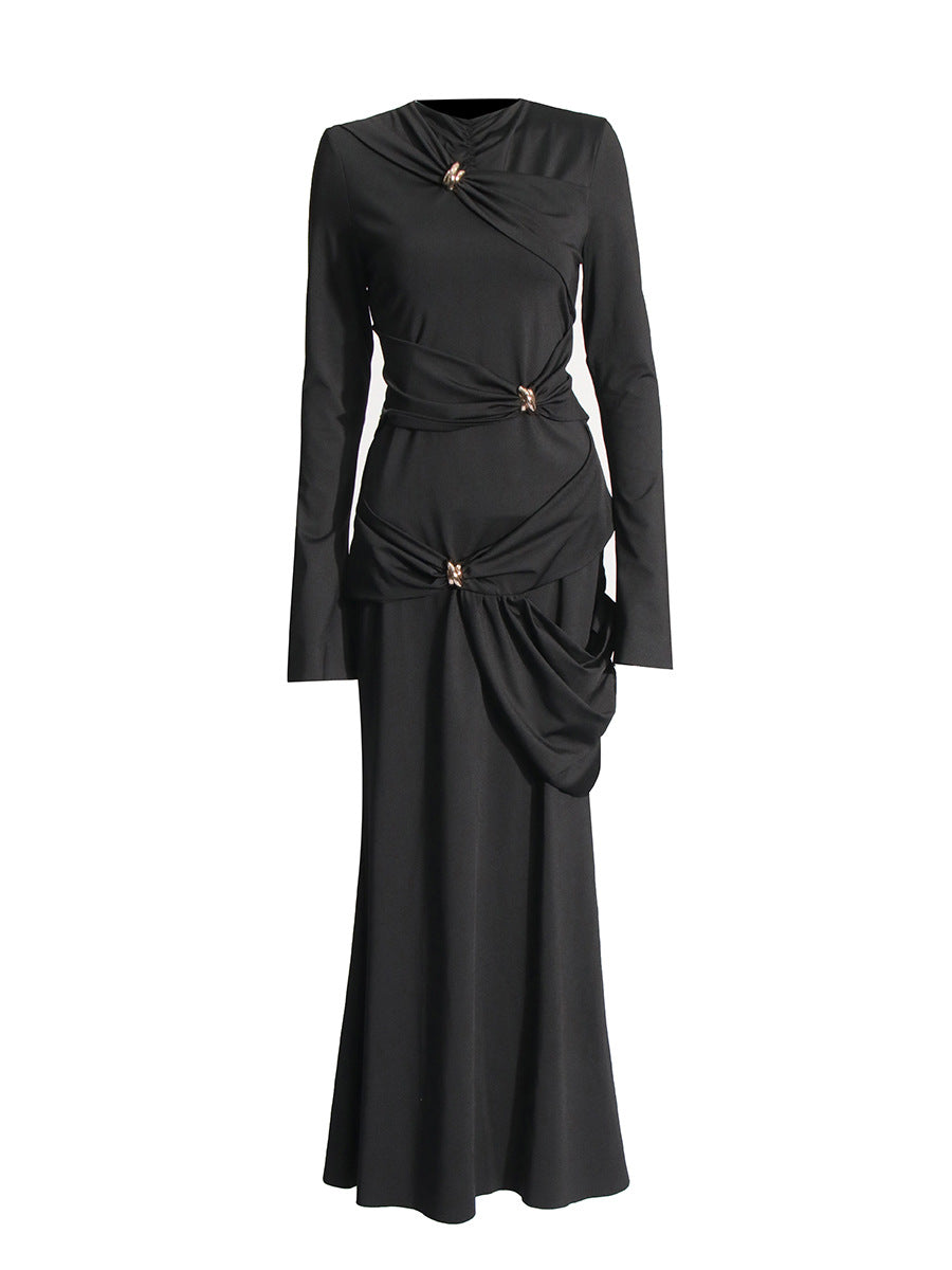 Temperament Gentle And Intellectual Wind 2025 Spring New Long Sleeve Asymmetric Fold Knitting Elastic Dress Dress Woman