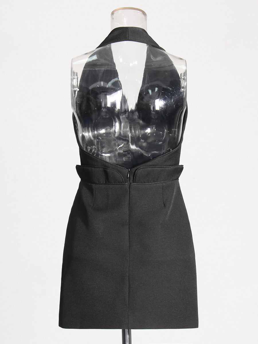 Temperament V-Neck Hanging Neck Dress Chicly Sexy Body-Claw-Dressed Button-Up Suit Dress Dress Women's Dress