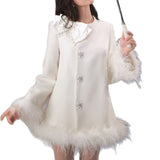 Temperament High-End Cloaked Round Collar Pearl Bow 50 Wool Double-Sided Hair Coat Coat Winter