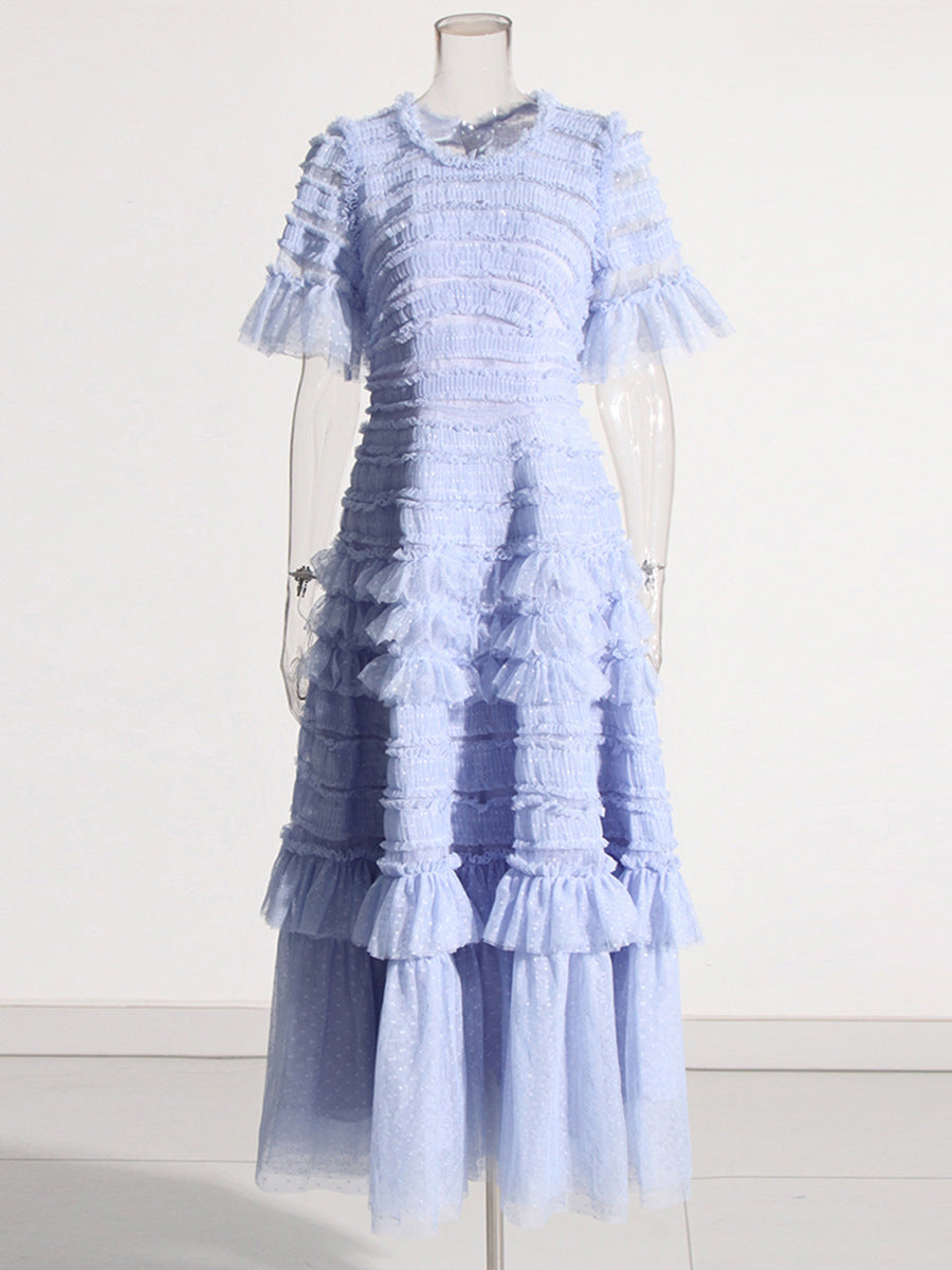 Elegant Dress 2025 Spring New Round Neck Pressure Folding Mesh Splicing Wave Point Cake Skirt