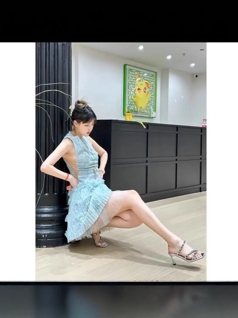 New Spring And Summer Vietnamese Small Sleeveless Waist Heavy Industry Famous Pressure Folding Short Dress