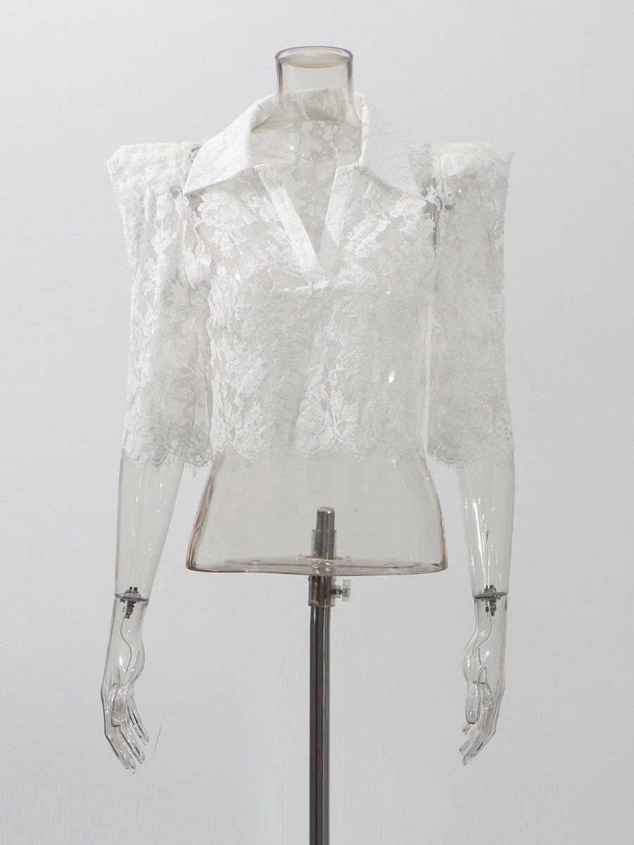 Lace Hollow Famous Style Suit 2025 New Women's Summer Shirt + Ultra-Short Skirt Solid Color