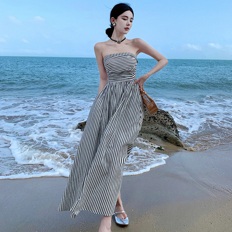 Summer New One-Word Collar Folds To Repair Height Waist A-Shaped Skirt Striped Beach Dress Woman