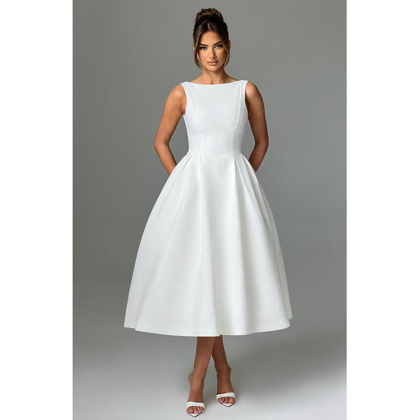 Women's Hepburn Style Solid Round-Neck Sleeveless Dress In Autumn 2024