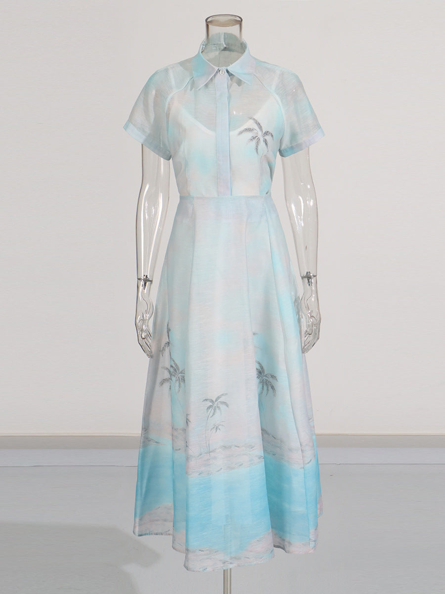 2025 Summer New V-Neck Print Short-Sleeved Shirt + High-Rise Half-Dress Suit Woman