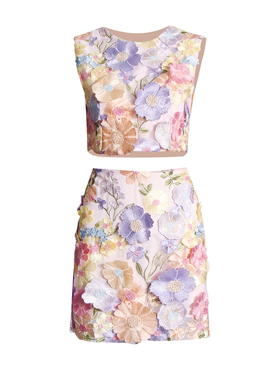 Retro Holiday Style 2025 Summer New Sleeveless Embroidery Top High-Waisted Hip Skirt Suit Woman