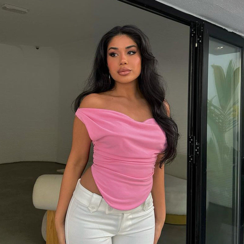 Shoulder Folding Body Curved Top 2025 Summer New Repair T-Shirt DJPT