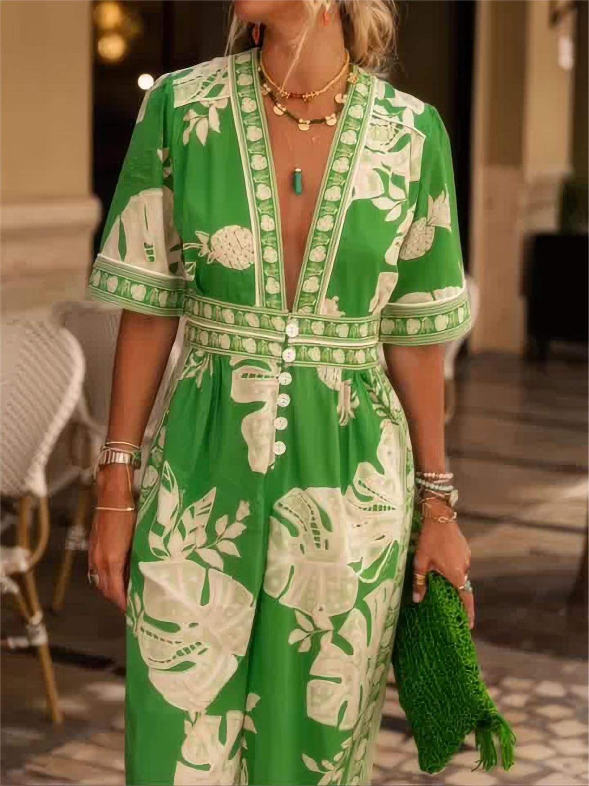 2024 New Fashion Women's Printed Jumpsuit V-Neck Short-Sleeved Woman