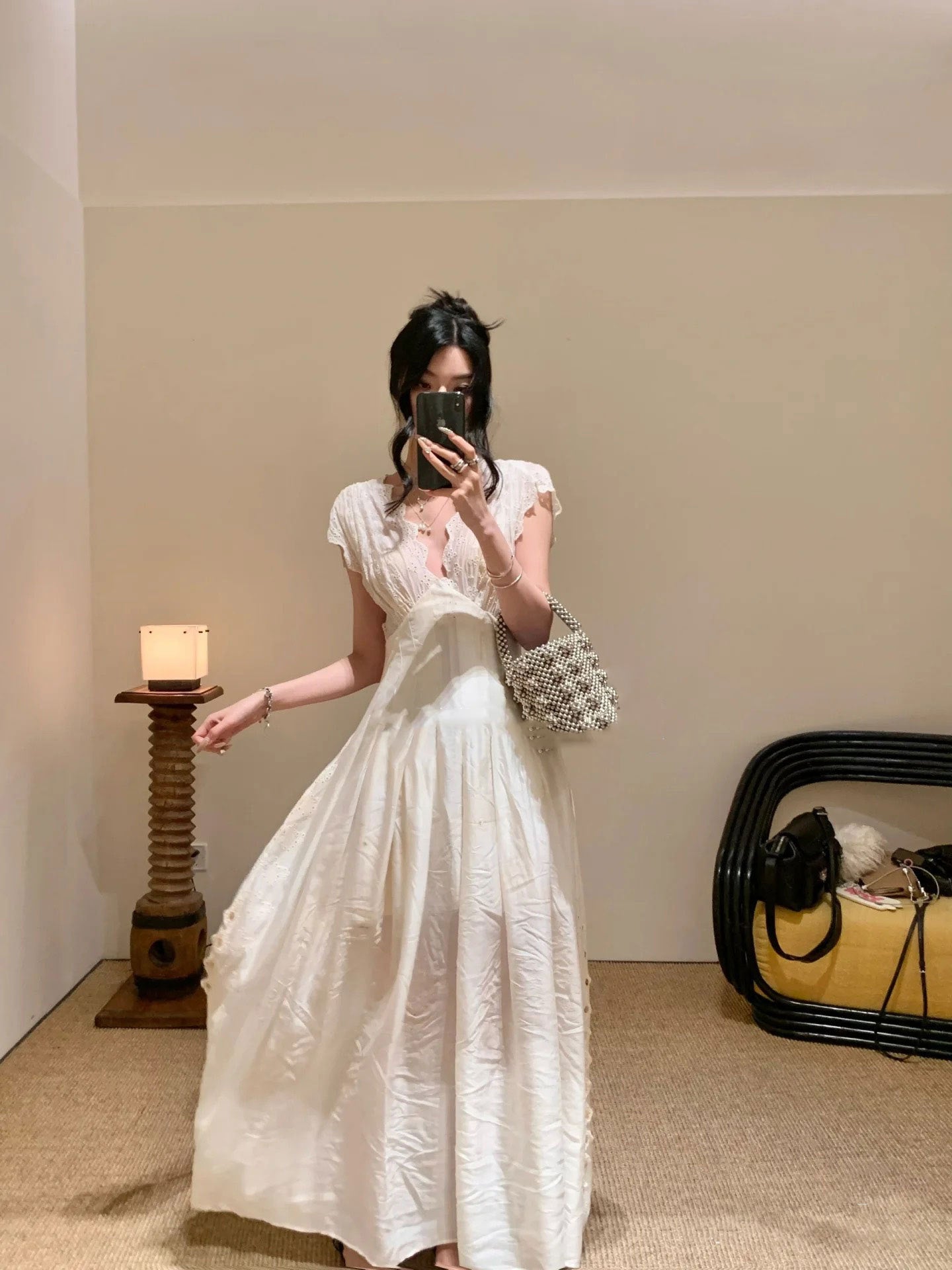 Embroidered V-Necked White Dress