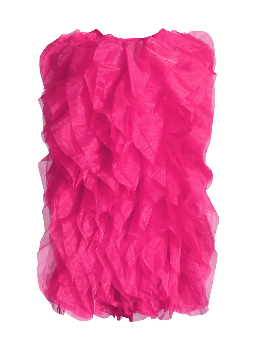 Temperament Thin Dress Women's Dress 2025 Spring New Sleeveless Wood Ear Folding Mesh Cake Skirt