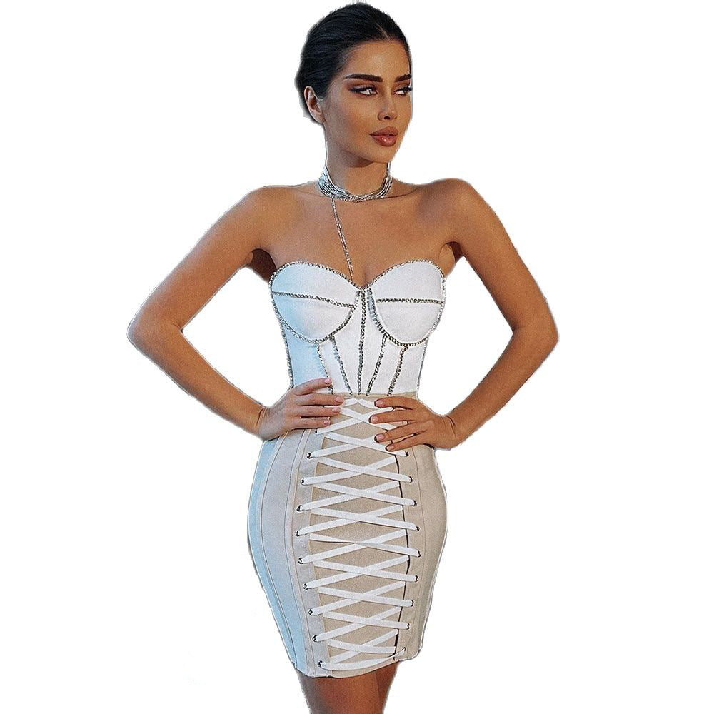 New Sexy Breast-Strowing Diamond Rope Banding Party Temperament Dress Short