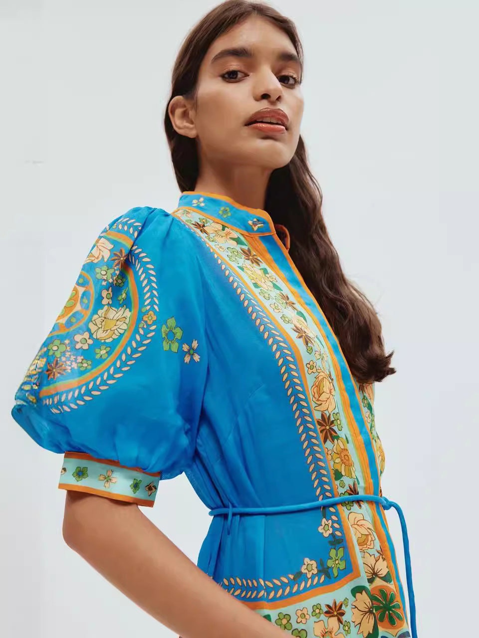 Autumn New French Retro Printing Splicing Process Single Buckle Belt Belt Waist Long Dress Dress Woman