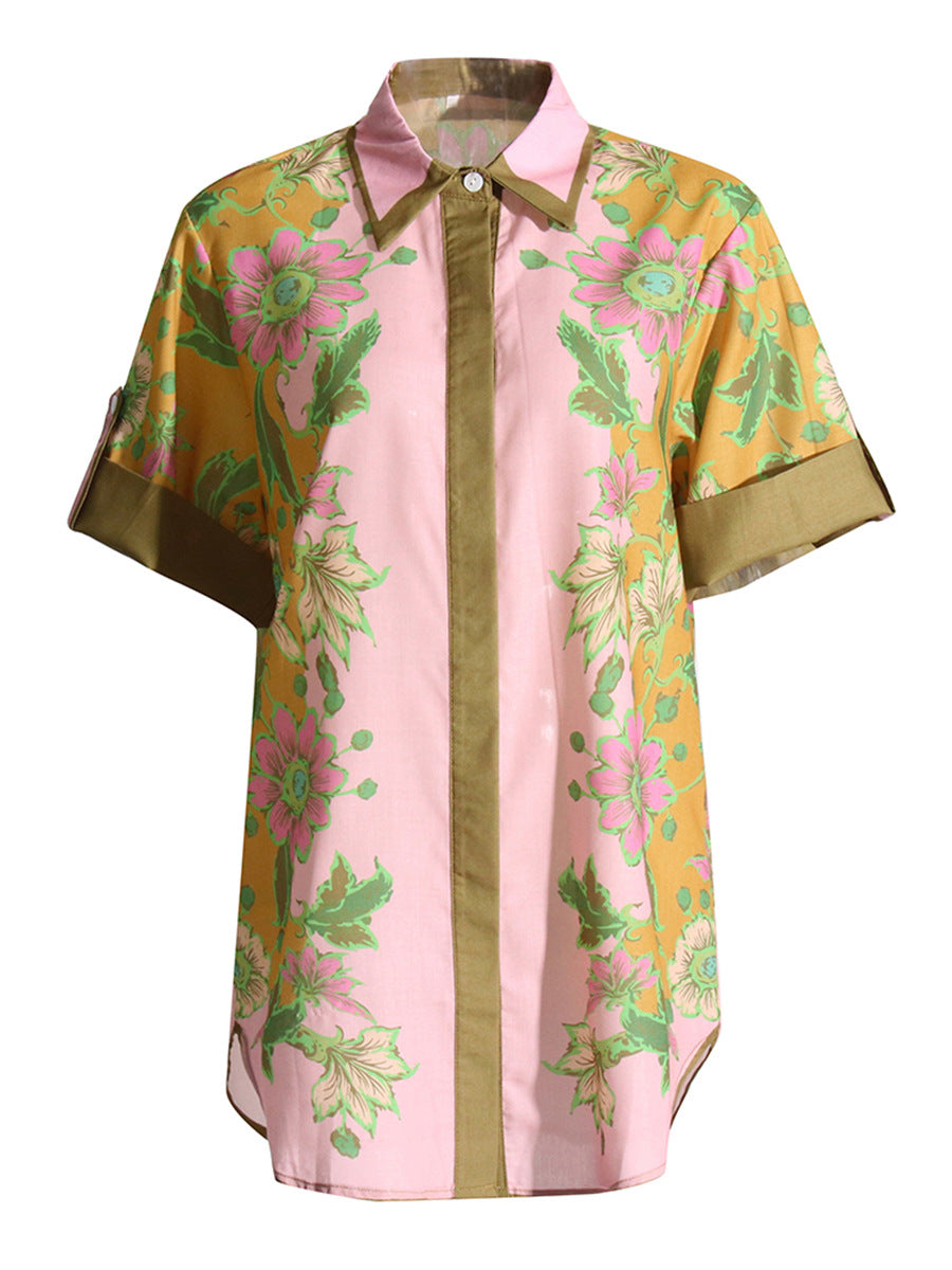 Casual Suit Women 2025 Spring New Printed Short-Sleeved Shirt + High-Waisted Broad Leg Pants Two Sets