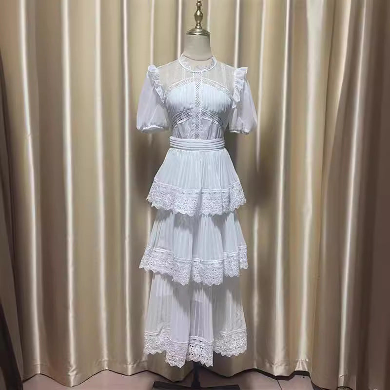 2025 Round Collar Folded Lace Yarn Cake Dress Dress