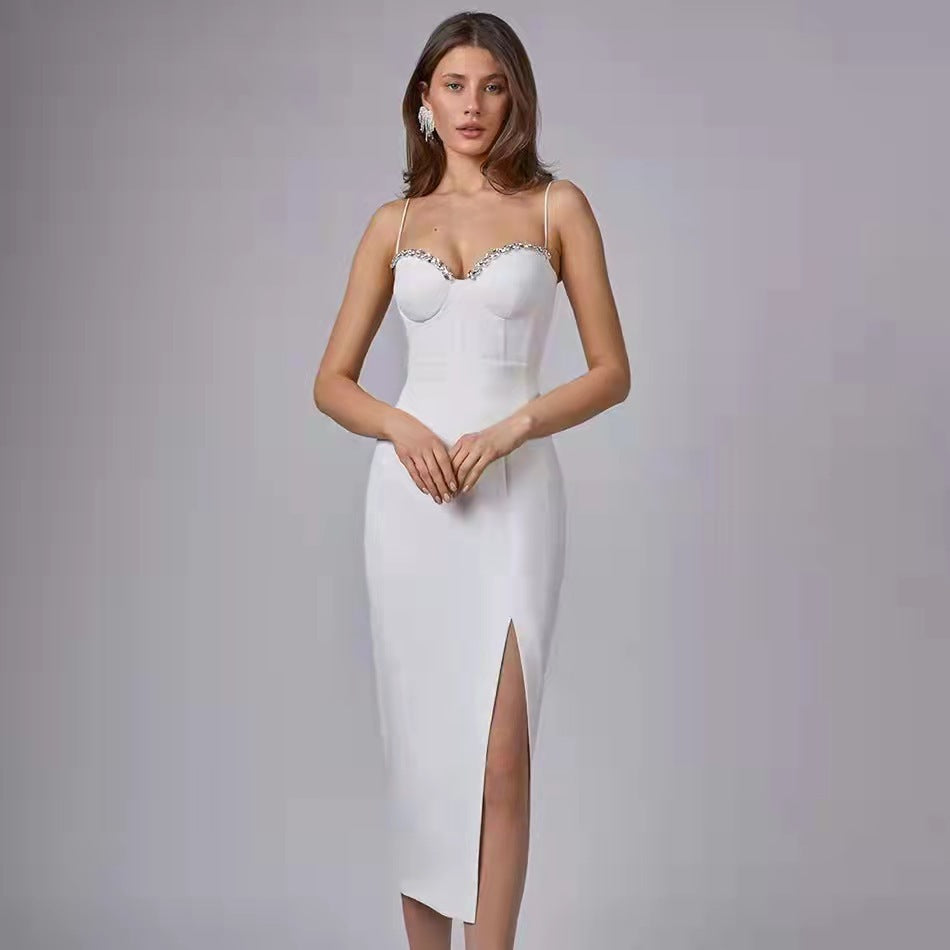 2025 Sexy Diamond-Studded Temperament Sling With Forked And Banded Dress Banquet Dress