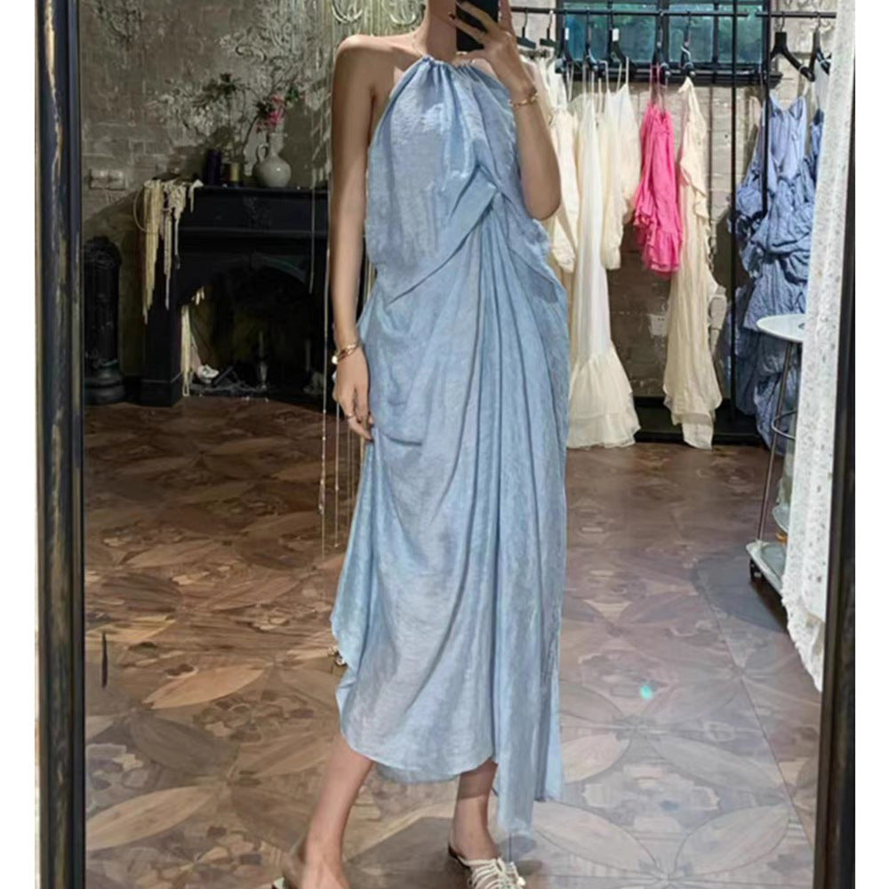 New Elegant Loose Folded Neck Dress Sexy Bare Sleeveless Holiday Dress