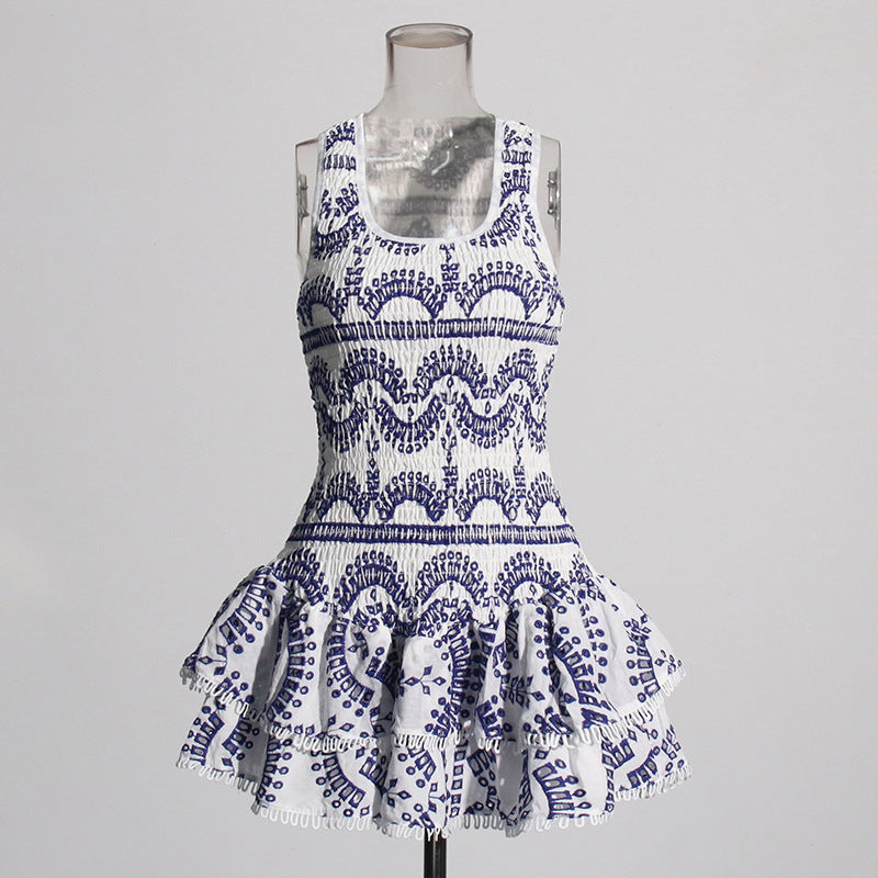 Summer Holiday Wind New U-Shaped Tie Design Super Short Lotus Edge Dress Woman