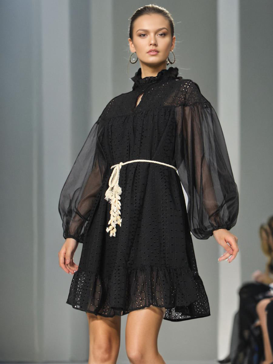 Vintage Dress Women's Dress 2025 Spring New Stand-Necked Lace Lantern Sleeve With Short Skirt