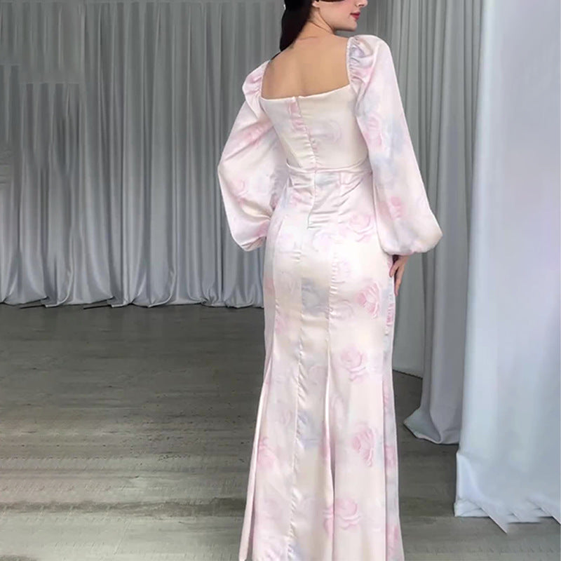 Women's Autumn French Style Collar Lantern Sleeve High-Waisted Body-Body-Cuffed Kite Skirt