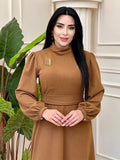 Muslim Solid-Colored Belt-Lending Dress Woman In Autumn 2024