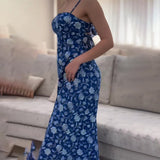 Summer New Leisure Holiday Blue Print Retro Bare Back Double Strap Sling Skirt