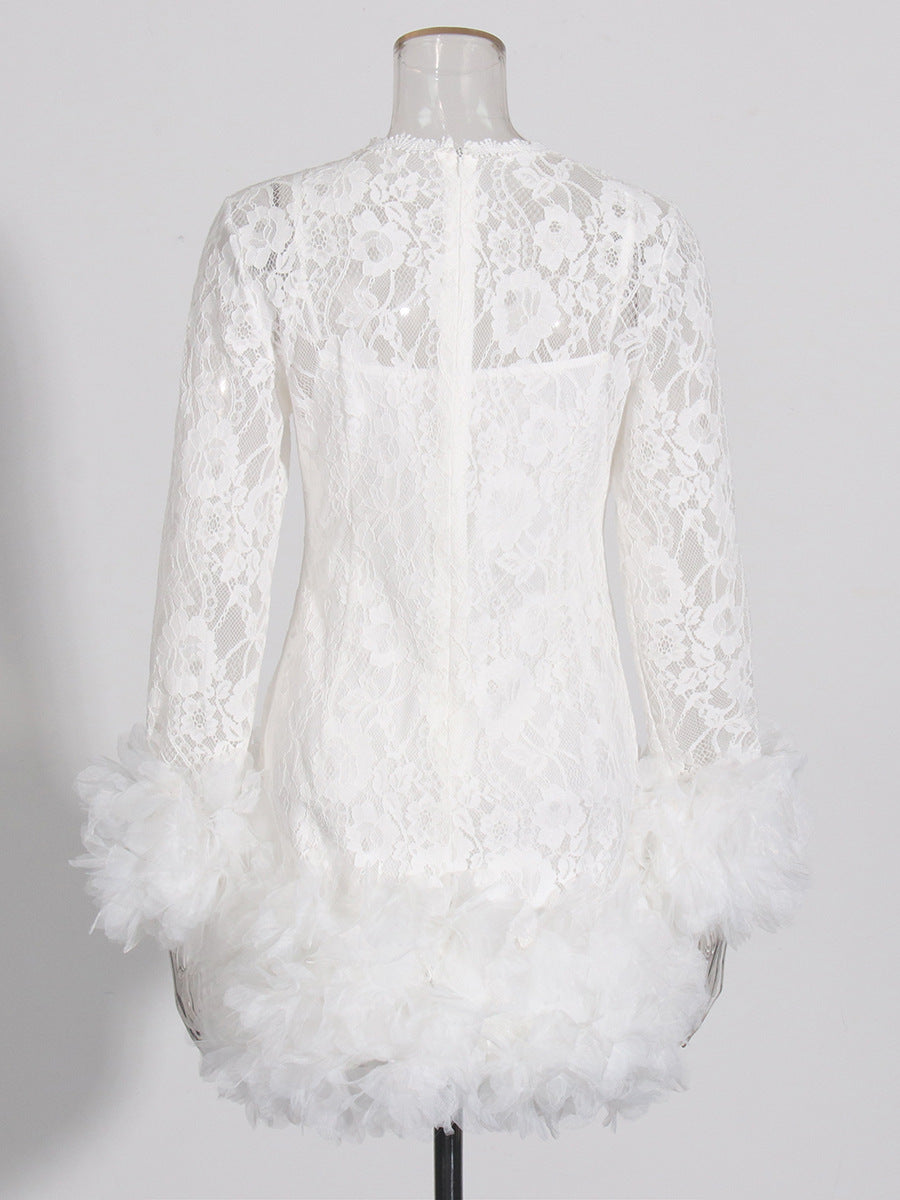 Senior Sense Dress Woman 2025 Summer New Lace Collar Splicing Mesh Long Sleeve Short Dress Women's Dress