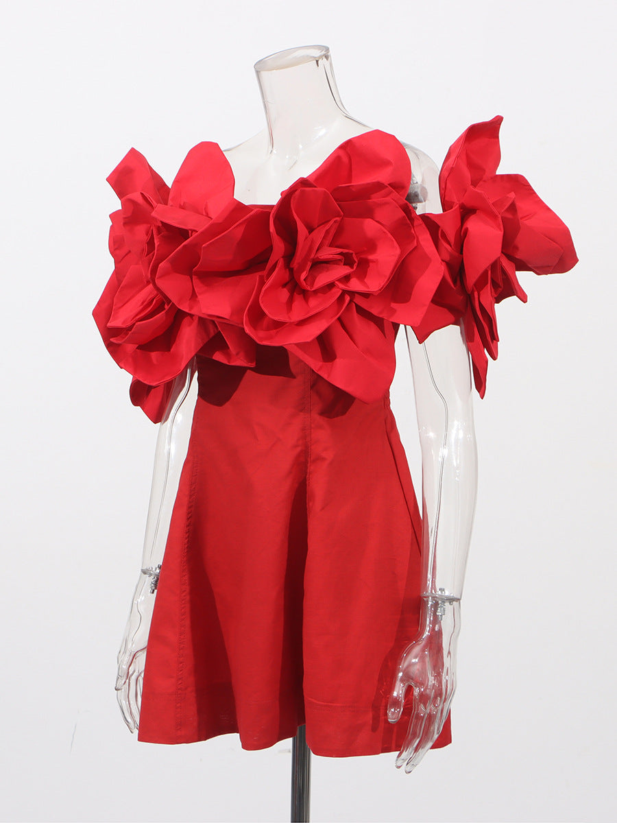 Evening Dress Three-Dimensional Flowers Spliced A Word Shoulder Skirt 2025 New Women's Summer Waist Solid Color Dress Women