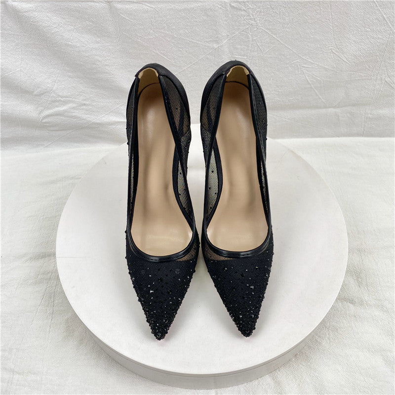 2025 New Breathable Mesh Drill High Heels 12CM Tip Finger Fine Heeled Women's Shoes High Quality Shoes