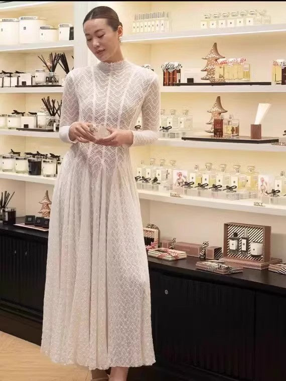 2025 Round-Necked Long-Sleeved Umbrella Dress Inside Lace Dress