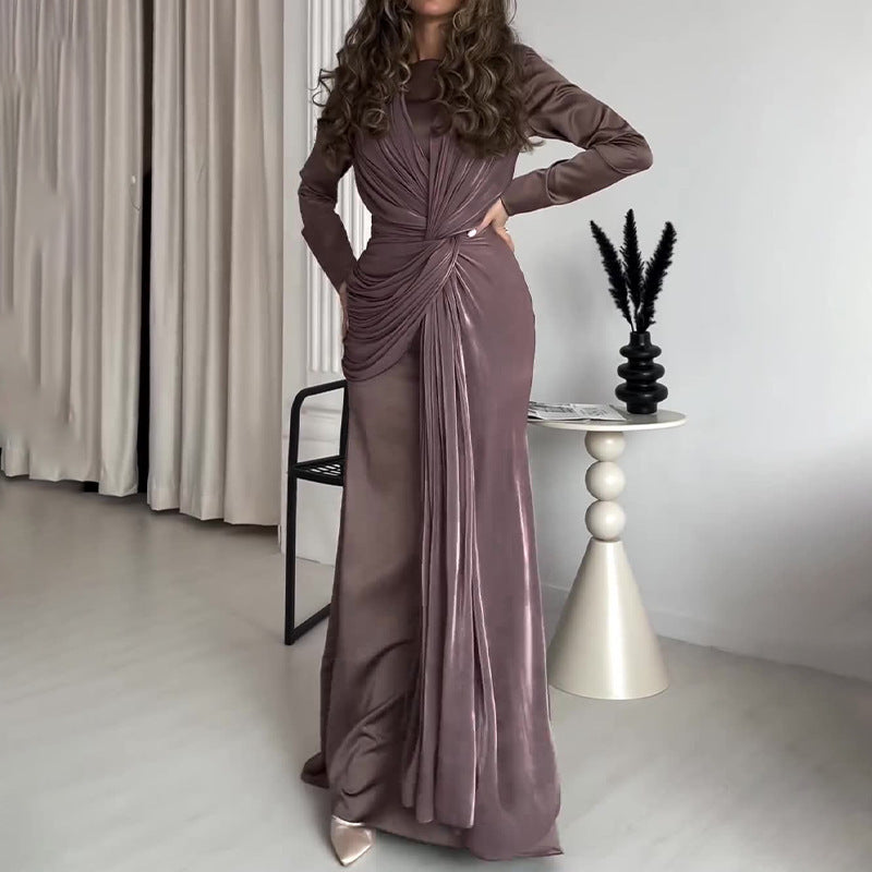Women's New Autumn Collar Collar Overlapping Design Dress Dress High-Rise Collar With Long Skirt