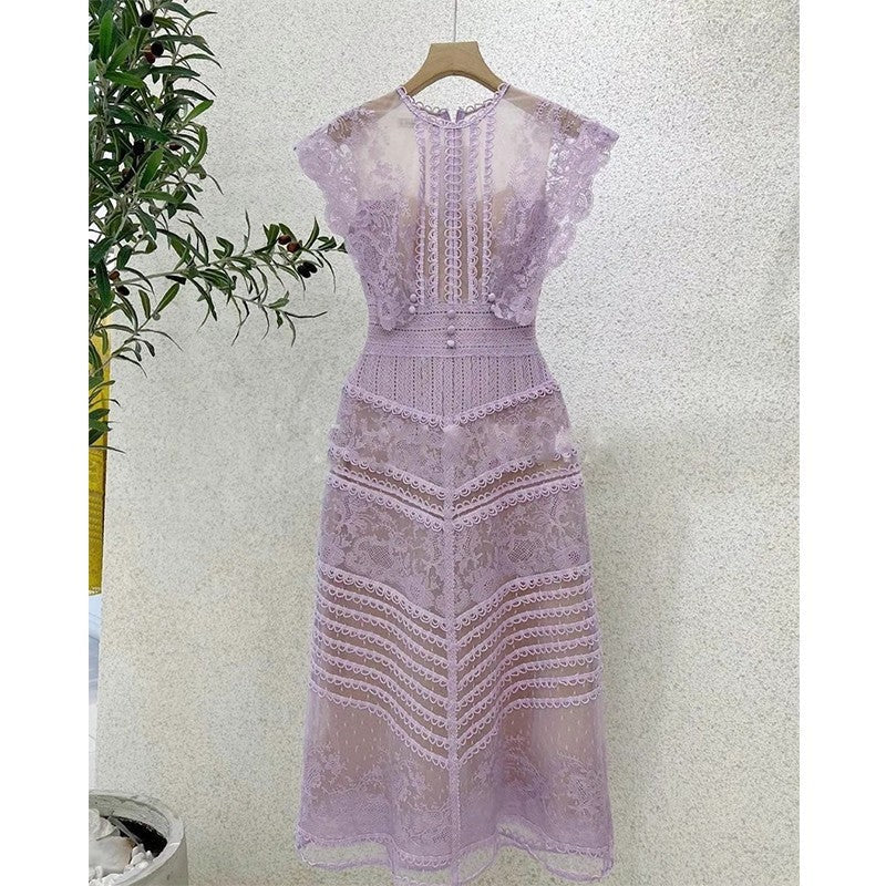 2025 Lace Yarn Embroidery Line Lace Splicing Medium Long Dress Dress 817