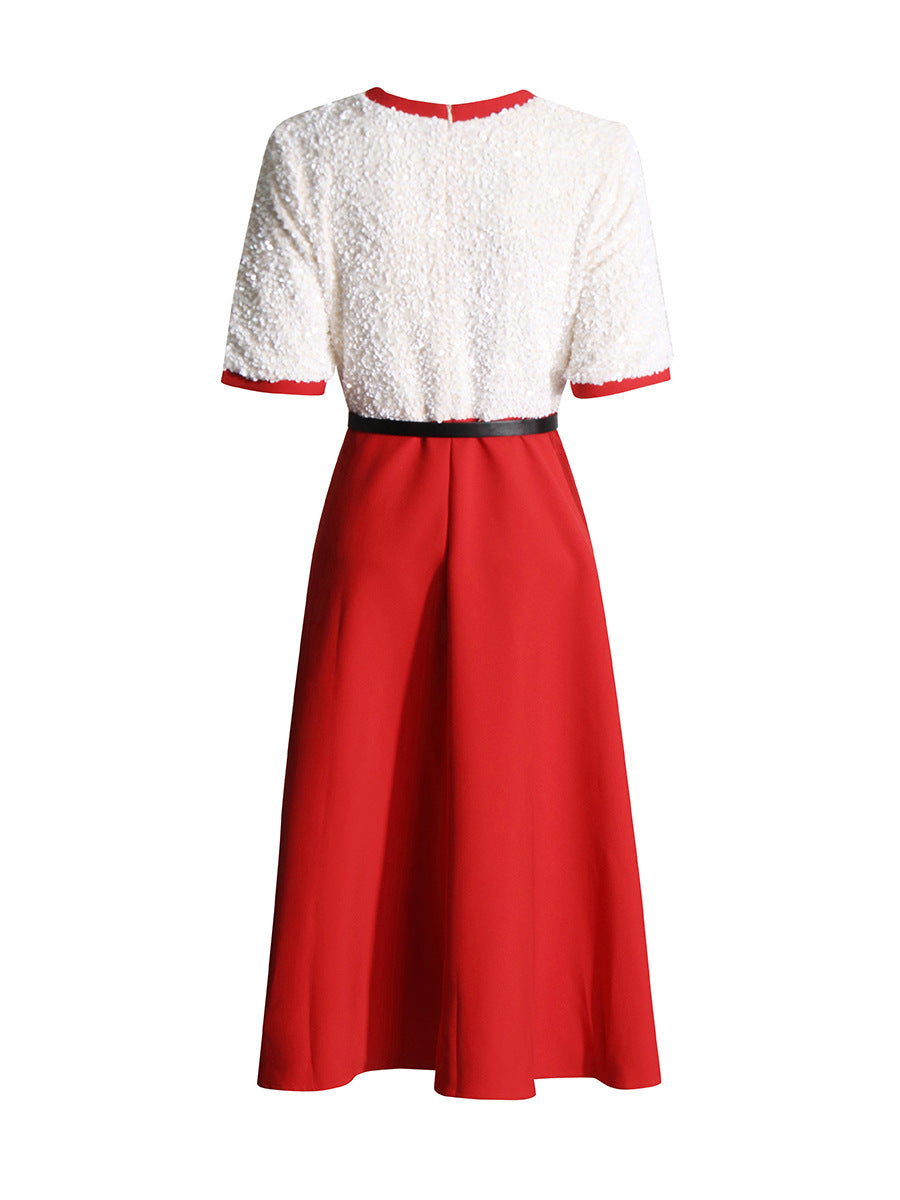 Elegant Wind 2025 Summer New Heavy Industry Embroidery Beads Design Fake Two Waist Dress Dress Dress