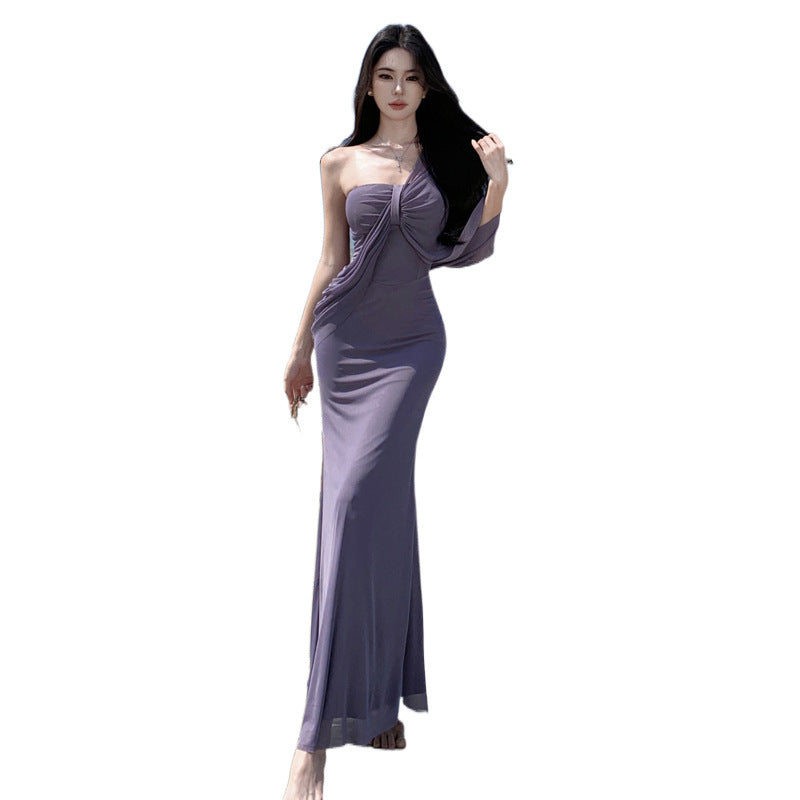 Design Pure Luster Brae-Shaped Shoulder Dress Studded Temperament Banquet Seaside Holiday Dress