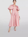 Niche 2024 Summer Wind V Collar Bubble Sleeves Short Sleeve Splicing Folds To Collect Waist Pink Dress Dress