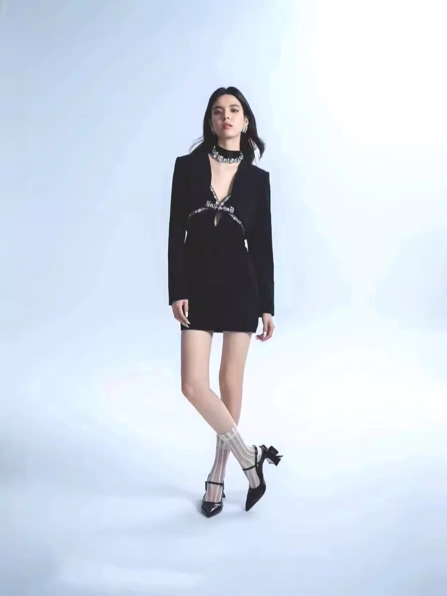 Black Heavy Industry Bows Order Diamond Spicy Sling Dress Autumn 2024 Short Shoulder Jacket