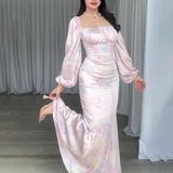 Women's Autumn French Style Collar Lantern Sleeve High-Waisted Body-Body-Cuffed Kite Skirt