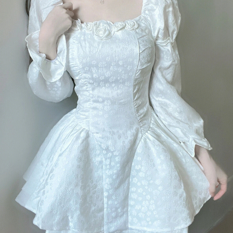 Gown Square Neckline White Lace Holiday Dress Birthday Dresses Birthday Outfits SD1241