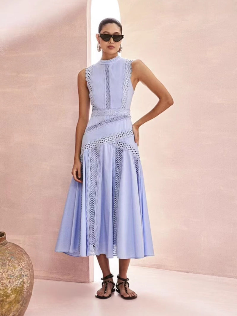 Spring Holiday Wind Collar Sleeveless Irregular Lace Spliced Fashion Temperament Dress Dress