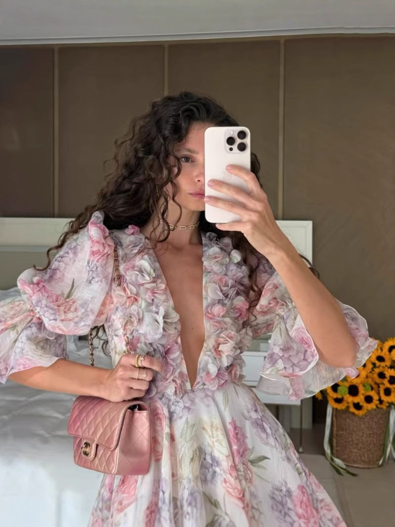 Style Dress 2025 Summer V-Neck Bubble Sleeves Mid-Sleeve Fresh Sweet Three-Dimensional Flower Print Dress