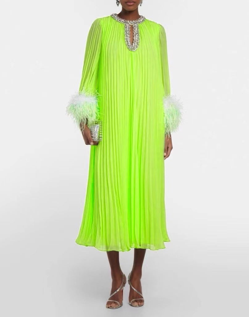 2024 New Round-Neck Heavy Industry Nail Nails And Fur Folding Process Horn Sleeve Long Dress