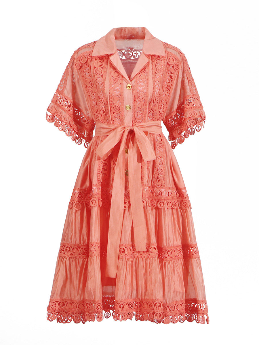 Temperament Vintage Short Dress 2025 Summer New Collar Embroidered Hollow Lace Dress Dress Woman